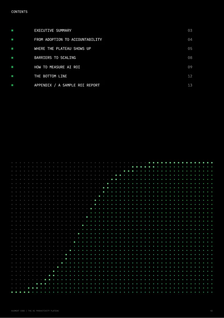 Contents page of The AI Productivity Plateau report